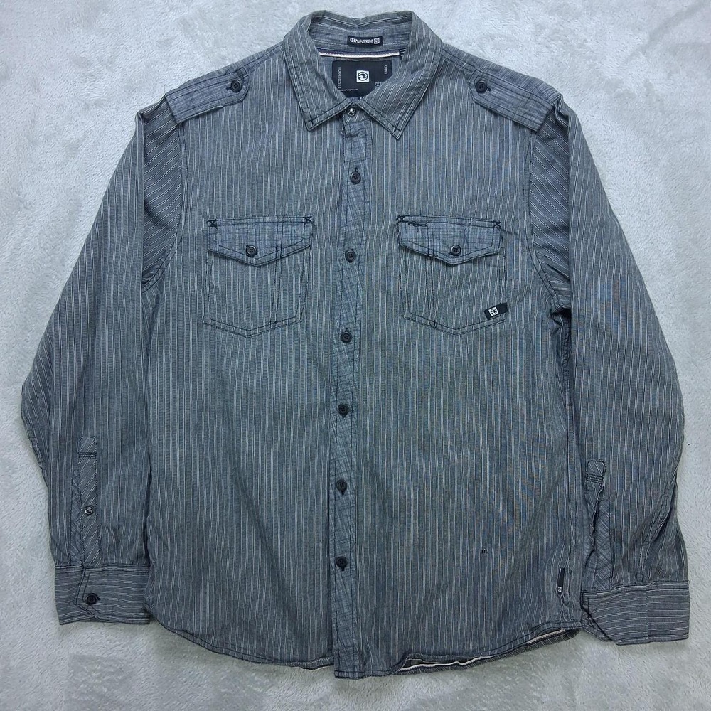 Mens Ocean Current Gray Striped Utility Button Up Shirt Long Sleeve Size M